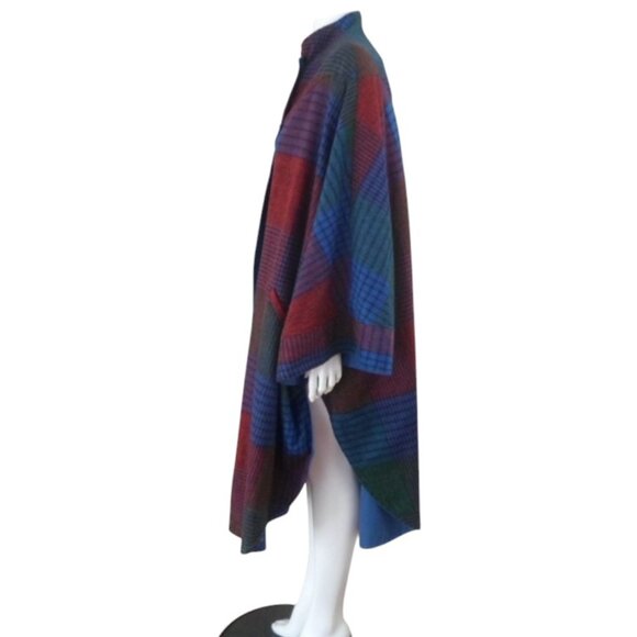 Vintage PORTRAIT Reversible Poncho Cape Blue Patchwork Plaid Print - Picture 8 of 12